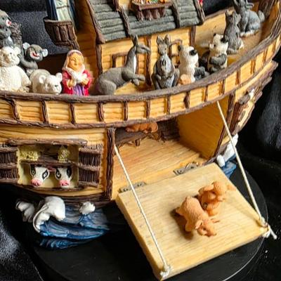 Vintage Noah's Ark Resin Figurine Set - Noah, Wife, Animals Aboard Wooden Boat with Ramp