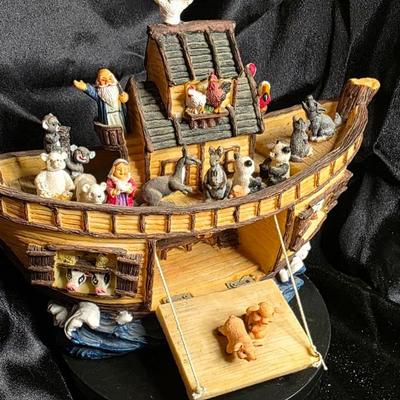 Vintage Noah's Ark Resin Figurine Set - Noah, Wife, Animals Aboard Wooden Boat with Ramp