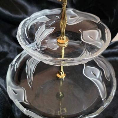 Vintage Two-Tier Glass Serving Stand with Ornate Gold Handle – Elegant Entertaining Display