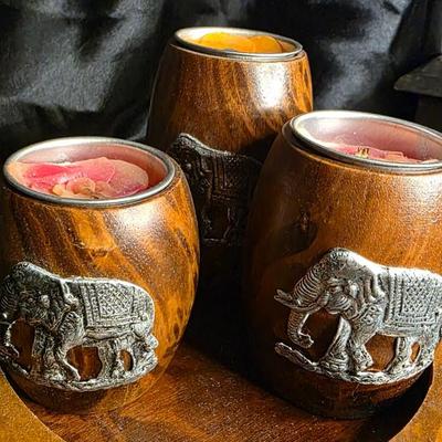Handcrafted Thai Elephant Tea Light Holder Set with Tray | Artisanal Mango Wood & Pewter Candle Décor