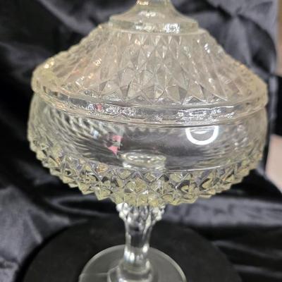 Vintage Indiana Glass Diamond Point Covered Compote – Footed Pedestal Candy Dish – Clear Pressed Glass 1960s Mid-Century Elegance