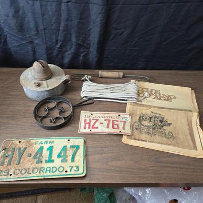 Antique lamp burner - old license plates other neat old trinkets