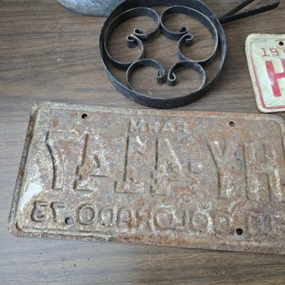Antique lamp burner - old license plates other neat old trinkets