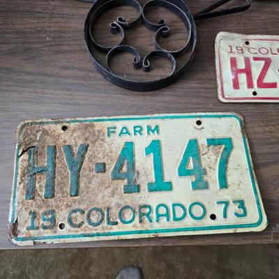 Antique lamp burner - old license plates other neat old trinkets