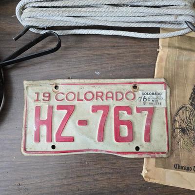 Antique lamp burner - old license plates other neat old trinkets