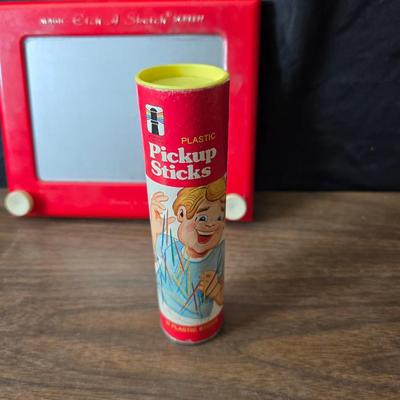 Vintage toys - Pick up sticks - etch a sketch - and a electronic repeat game