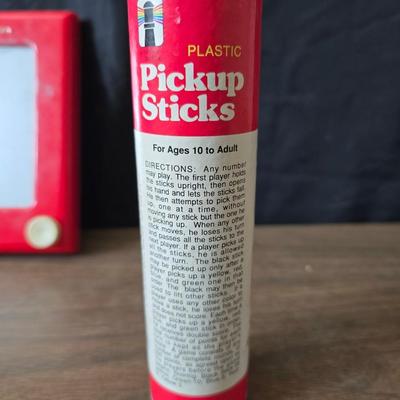 Vintage toys - Pick up sticks - etch a sketch - and a electronic repeat game