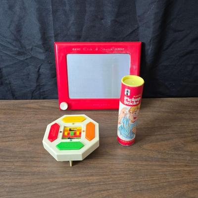 Vintage toys - Pick up sticks - etch a sketch - and a electronic repeat game