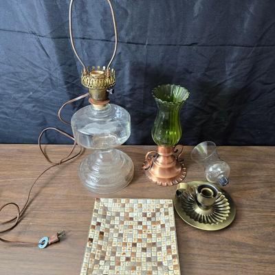 Oil lamp with electric corked attachment - two candle sconces and a decorative candle plate