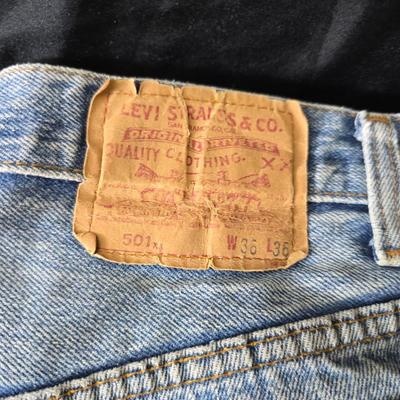 Five pairs of Levi Jeans - 38 x 33 and 36 x 33 really worn. Great for crafts & pocket quilts