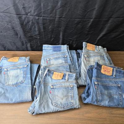 Five pairs of Levi Jeans - 38 x 33 and 36 x 33 really worn. Great for crafts & pocket quilts