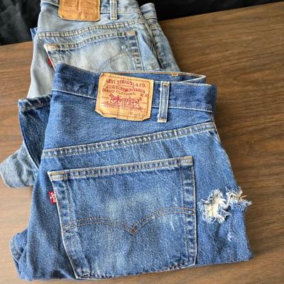 Five pairs of Levi Jeans - 38 x 33 and 36 x 33 really worn. Great for crafts & pocket quilts