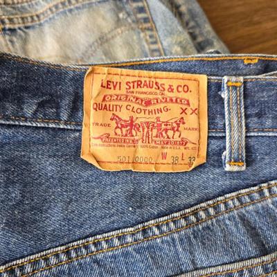 Five pairs of Levi Jeans - 38 x 33 and 36 x 33 really worn. Great for crafts & pocket quilts