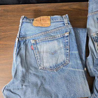 Five pairs of Levi Jeans - 38 x 33 and 36 x 33 really worn. Great for crafts & pocket quilts