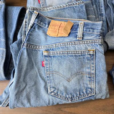 Five pairs of Levi Jeans - 38 x 33 and 36 x 33 really worn. Great for crafts & pocket quilts