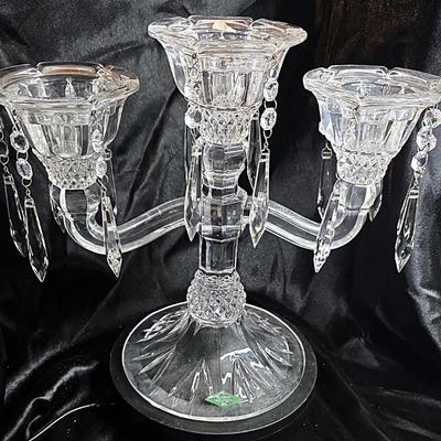 Shannon Crystal Designs of Ireland 24% Lead Crystal Three-Arm Candelabra with Prisms & Original Box