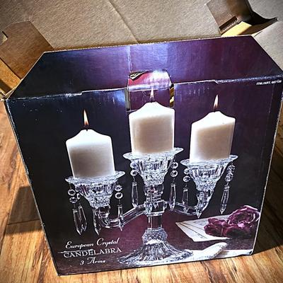 Shannon Crystal Designs of Ireland 24% Lead Crystal Three-Arm Candelabra with Prisms & Original Box