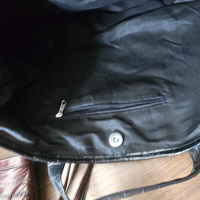 Crocodile skin like purses - large black one and a brown one with a small white wallet