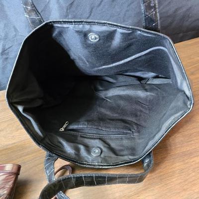 Crocodile skin like purses - large black one and a brown one with a small white wallet