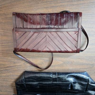 Crocodile skin like purses - large black one and a brown one with a small white wallet