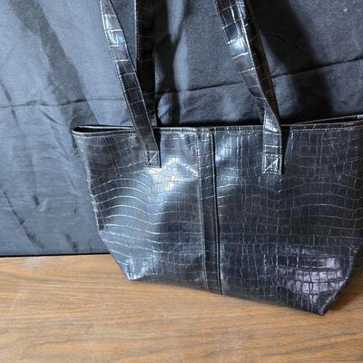 Crocodile skin like purses - large black one and a brown one with a small white wallet