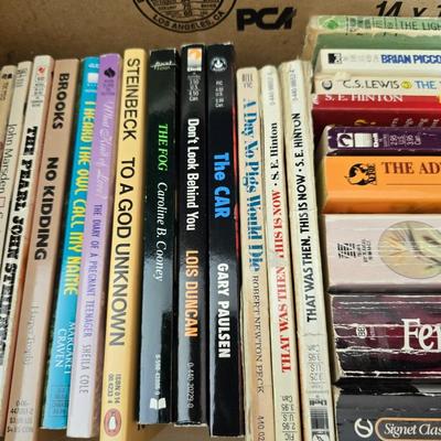 Boxes of softcover books - all different genres -