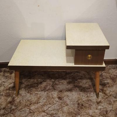 vintage Mid-Century Modern 2-tier end tables featuring blonde wood and speckled gold glitter Formica tops.