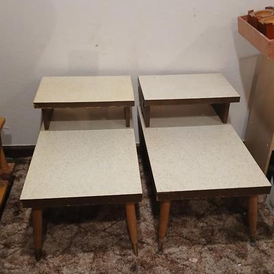 vintage Mid-Century Modern 2-tier end tables featuring blonde wood and speckled gold glitter Formica tops.