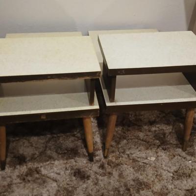 vintage Mid-Century Modern 2-tier end tables featuring blonde wood and speckled gold glitter Formica tops.