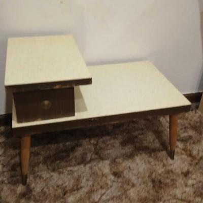 vintage Mid-Century Modern 2-tier end tables featuring blonde wood and speckled gold glitter Formica tops.