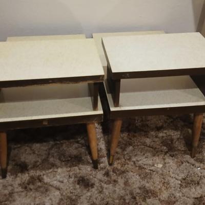 vintage Mid-Century Modern 2-tier end tables featuring blonde wood and speckled gold glitter Formica tops.
