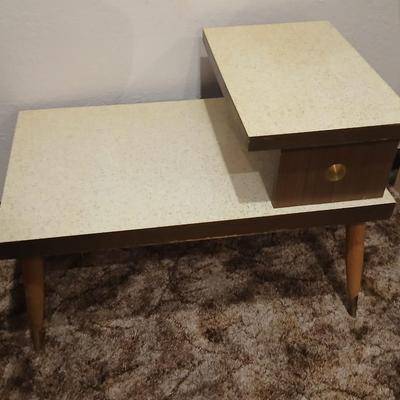 vintage Mid-Century Modern 2-tier end tables featuring blonde wood and speckled gold glitter Formica tops.