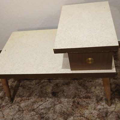 vintage Mid-Century Modern 2-tier end tables featuring blonde wood and speckled gold glitter Formica tops.