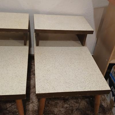 vintage Mid-Century Modern 2-tier end tables featuring blonde wood and speckled gold glitter Formica tops.