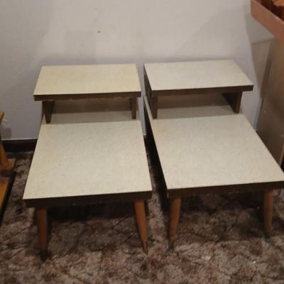 vintage Mid-Century Modern 2-tier end tables featuring blonde wood and speckled gold glitter Formica tops.