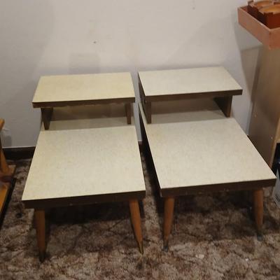 vintage Mid-Century Modern 2-tier end tables featuring blonde wood and speckled gold glitter Formica tops.