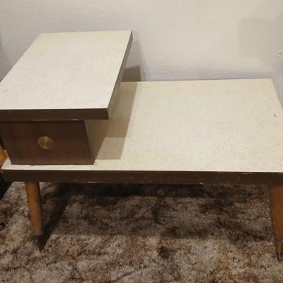 vintage Mid-Century Modern 2-tier end tables featuring blonde wood and speckled gold glitter Formica tops.