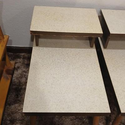 vintage Mid-Century Modern 2-tier end tables featuring blonde wood and speckled gold glitter Formica tops.