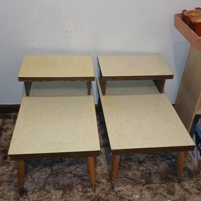 vintage Mid-Century Modern 2-tier end tables featuring blonde wood and speckled gold glitter Formica tops.