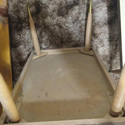vintage Mid-Century Modern 2-tier end tables featuring blonde wood and speckled gold glitter Formica tops.