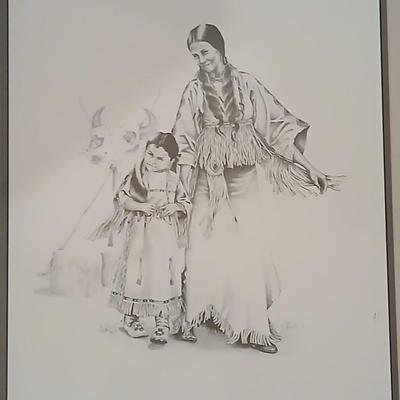 Native American framed print - unknown artist - written on back "Little Feather's Kittens"