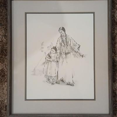 Native American framed print - unknown artist - written on back "Little Feather's Kittens"