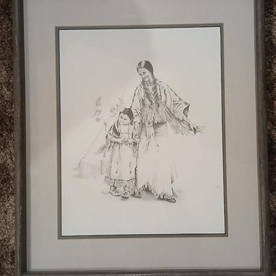 Native American framed print - unknown artist - written on back "Little Feather's Kittens"