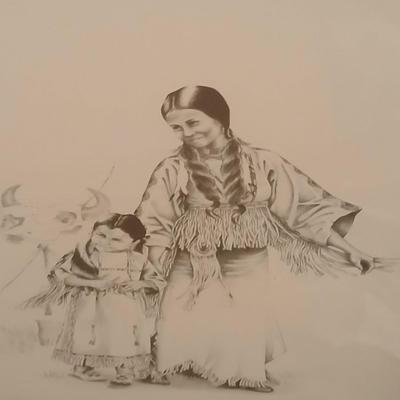 Native American framed print - unknown artist - written on back "Little Feather's Kittens"