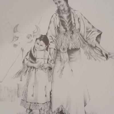 Native American framed print - unknown artist - written on back "Little Feather's Kittens"