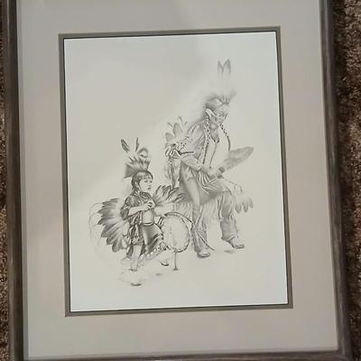 Native American framed artwork - two dancers - Unknown artist