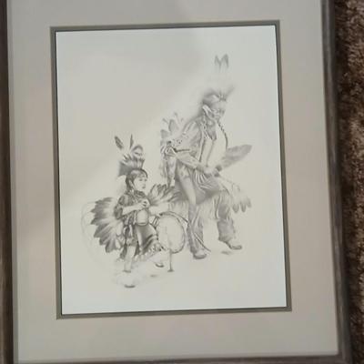 Native American framed artwork - two dancers - Unknown artist
