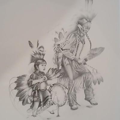 Native American framed artwork - two dancers - Unknown artist