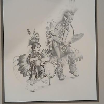 Native American framed artwork - two dancers - Unknown artist