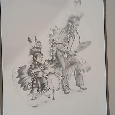 Native American framed artwork - two dancers - Unknown artist